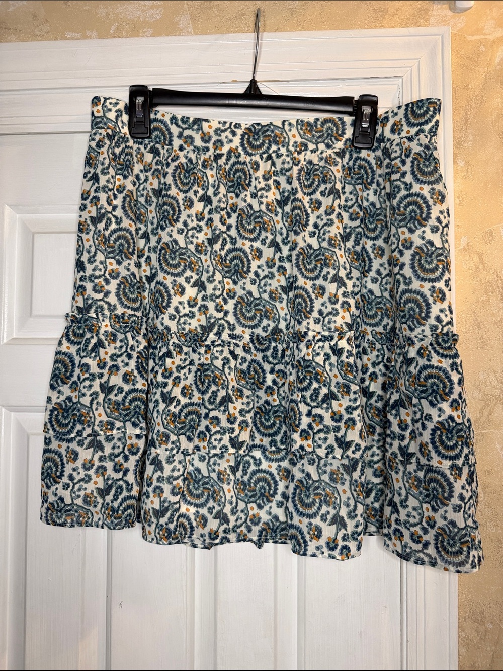 J. Crew Floral Tiered Skirt in Blue and Mustard on Cream